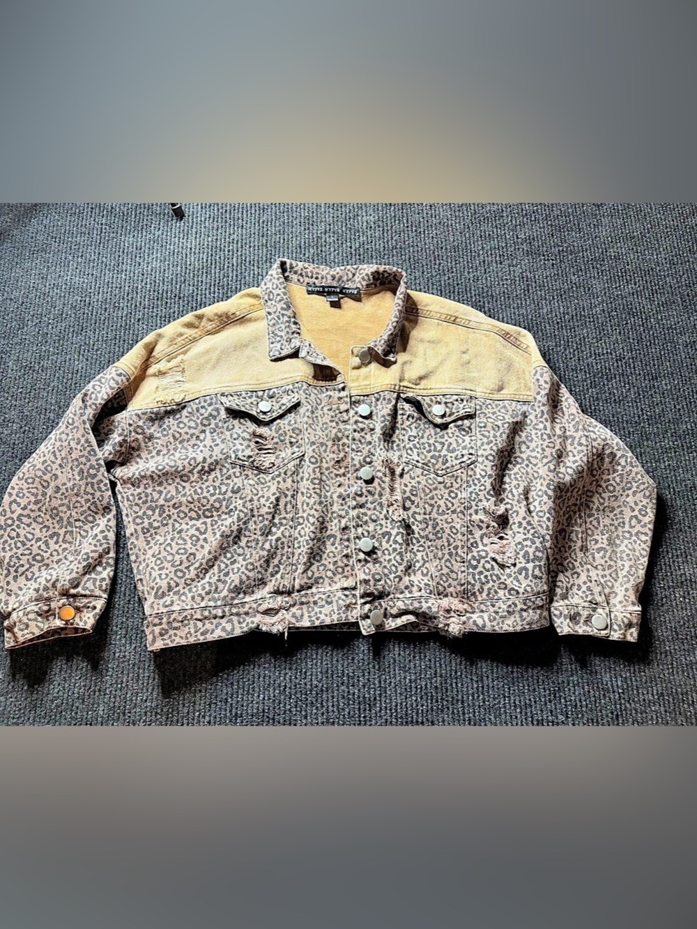 HYFVE Cocoa Dreams Leopard Print Distressed Cropped Denim Jacket Large